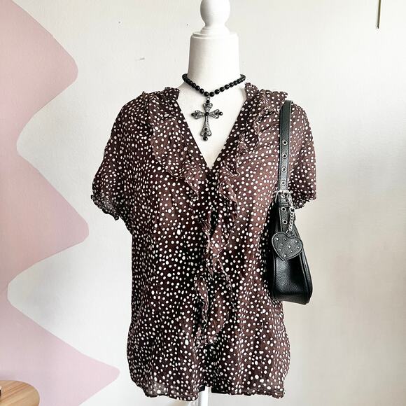 Brown Polka Dot Ruffle Top, Vintage Y2K, Cottagecore, Coquette, Girly,‎ XXL - Picture 1 of 4